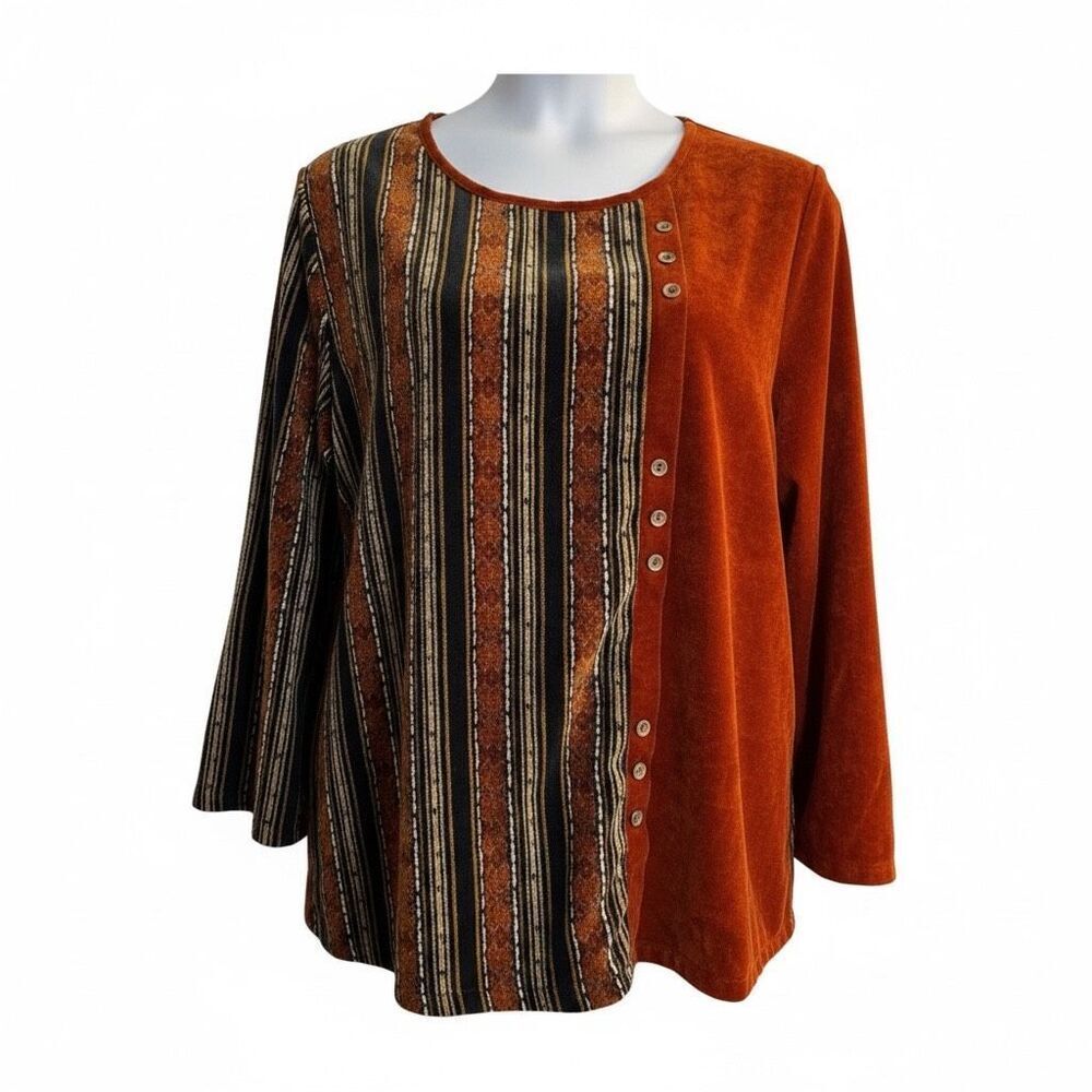 Gracila Orange Corduroy Striped Tunic 5Xl Long Sleeve Boho Pullover Button